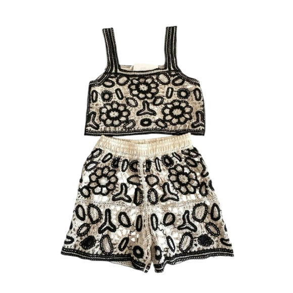 REBELLION Crochet Cropped Top And Short Set In Cream/black. Size XS NWOT - Picture 1 of 16